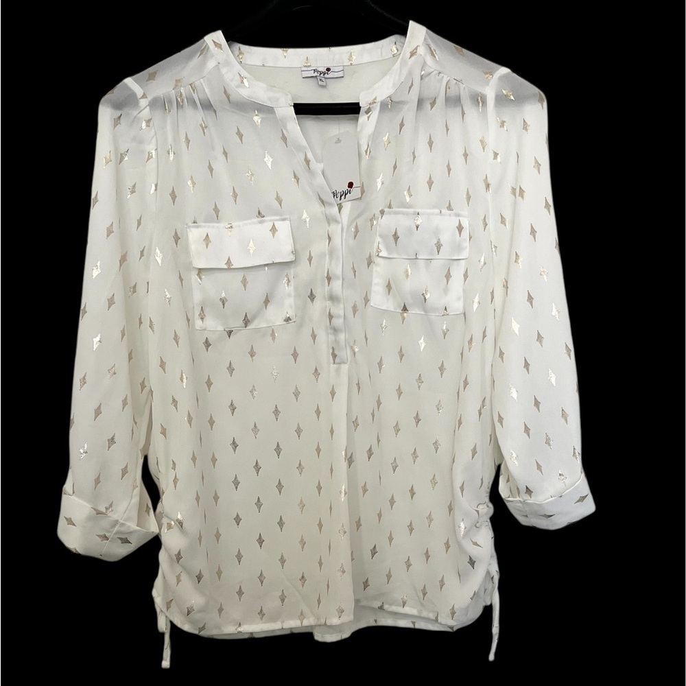 White and Gold Women's Top Size XL 3/4” Sleeves Semi Sheer SEE VIDEO